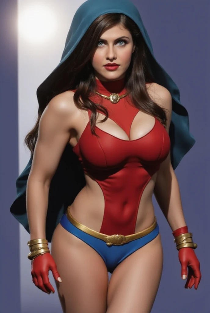 (best quality,4k,8k,highres,masterpiece:1.2),ultra-detailed,(realistic,photorealistic,photo-realistic:1.37), vivid colors, bokeh, HDR, studio lighting, extreme detail description, physically-based rendering, ultra-fine painting, sharp focus, professional, portraits, sexy supergirl, beautiful detailed eyes, beautiful detailed lips, green eyes, short black hair, black and silver outfit, red cape with a midriff, , UHD 8K
