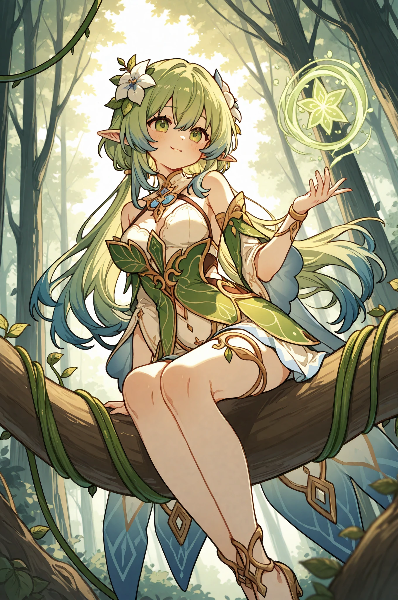 a dryad in the forest. highly detailed face, eyes. sitting in her tree. dangling feet.