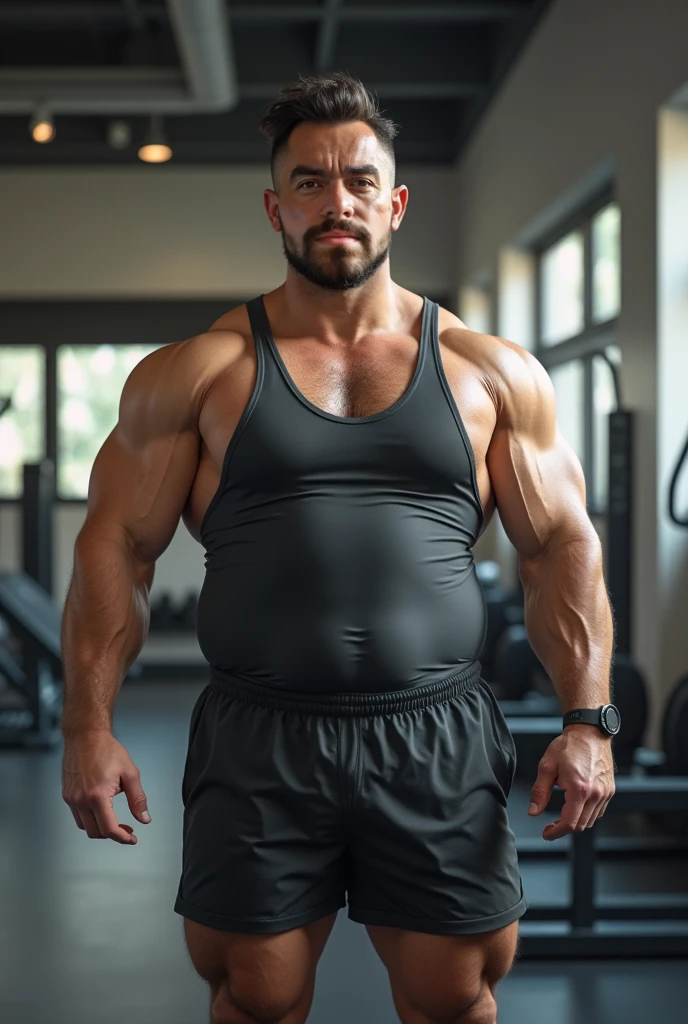 Handsome 40 years old Indian beared GURJAR man in loose gym tank and underwear, huge bulge, head to thigh, from front view, realistic, hd, hdr, detailed pictures, originality, head to thighs