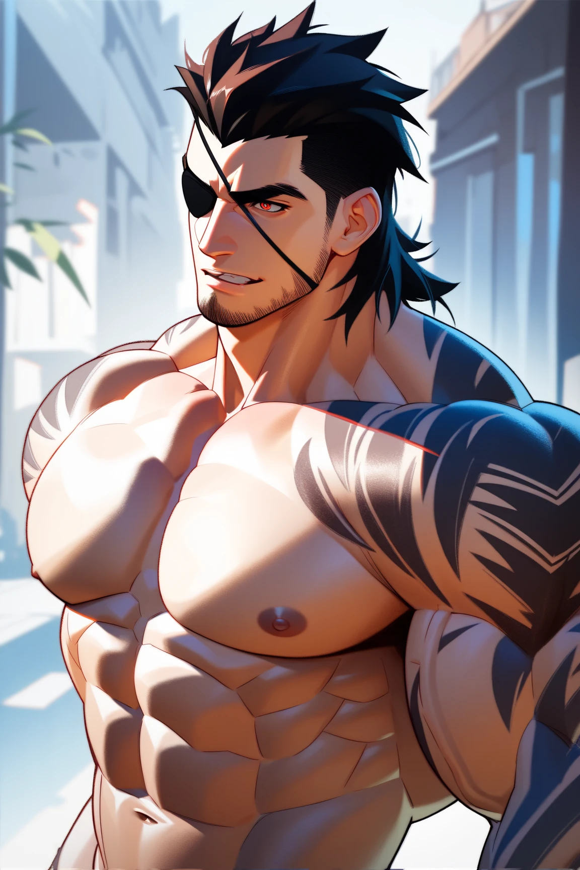 Show off your muscles with confidence, perfectly exposed eight-pack abs, ((exaggerated muscles, exaggerated shoulders, very muscular and huge)), (muscles, hairy body, muscular men, tall men, big toes, abs, big thighs, wide shoulders, open chest)), ((face and eye details), ((trim)), (square jaw)(nsfw), ((((bare chest, bare torso)))), ((((18 years old)))), muscular man, ((male muscle)), handsome face, ((white hair), short), very short spiky hair, bleached grey hair, blue headband, underneath hair)))), ((grey eyes :1.3)), complex eyes, beautiful detailed eyes, Symmetrical eyes, big eyes :1.5, (tanned skin, tanned skin, shiny skin :1.5), tanned skin, bright skin :1.5, tanned skin, shiny skin, very shiny body)), (Exaggerated muscles, exaggerated shoulders, very muscular and huge)), (muscular, hairy body, muscular men, tall people, Big toe, abs, big thighs, Wide shoulders, open chest), (facial and eye details), ((slim fit), (square chin)(nsfw), ((((bare chest, bare torso)))), (barefoot,), (pants), (tattoo and mark :1.5), (Tattoo and mark :1.5), (upper body, upper body,), Wearing shorts :1.3, shorts), (torn clothes, ground clothes, complicated clothes)), dynamic posture, looking at himself, (serious), (through the eyes), middle, proper proportions, three Laws, (white cloth covers the whole picture), winter, landscape :1.25, (sitting in the corner of the room), sitting on a low stool, (back on a soft pillow), ((one leg crossed over the other)), (dim background), the walls are beautiful wallpaper, (low room), extreme landscape, light blue yarn, modern style, dim room, (sunrise, light blue moment), (no glossy fabric decoration), high resolution, clear focus, (super detailed, very detailed), (realistic artwork :1.37), (Very detailed CG unified 8k wallpaper), (Bright colors, vibrant theme), (Complex), (Masterpiece), (best quality), Art photography, (DSLR photography), (Complex background), Perfect