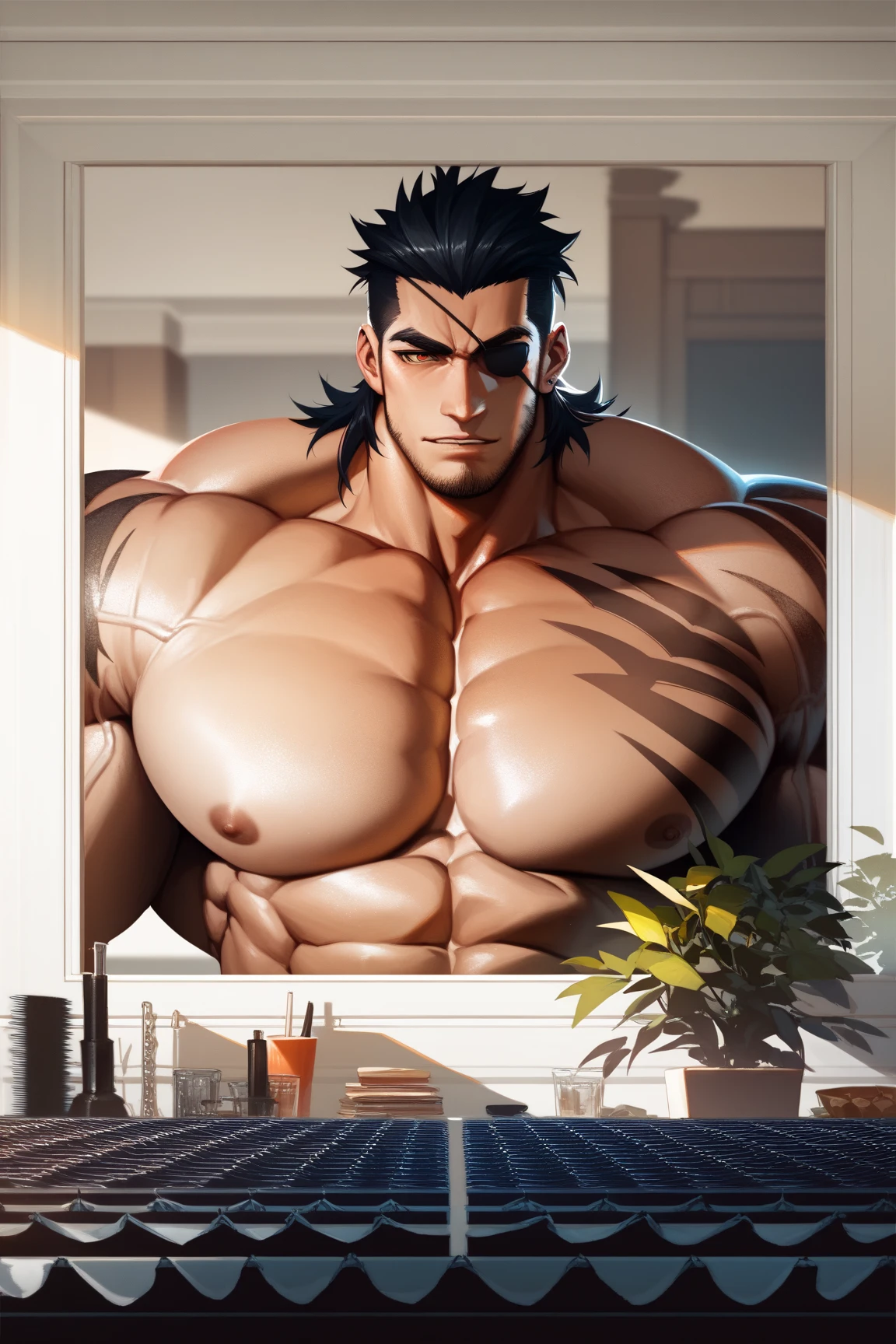 Kogoro Mouri，Shirtless，Tong，Underwear bulge，musculature，Black socks，Kneeling，an look of enjoyment，Be red in the face，artwork of a，tmasterpiece，k hd
