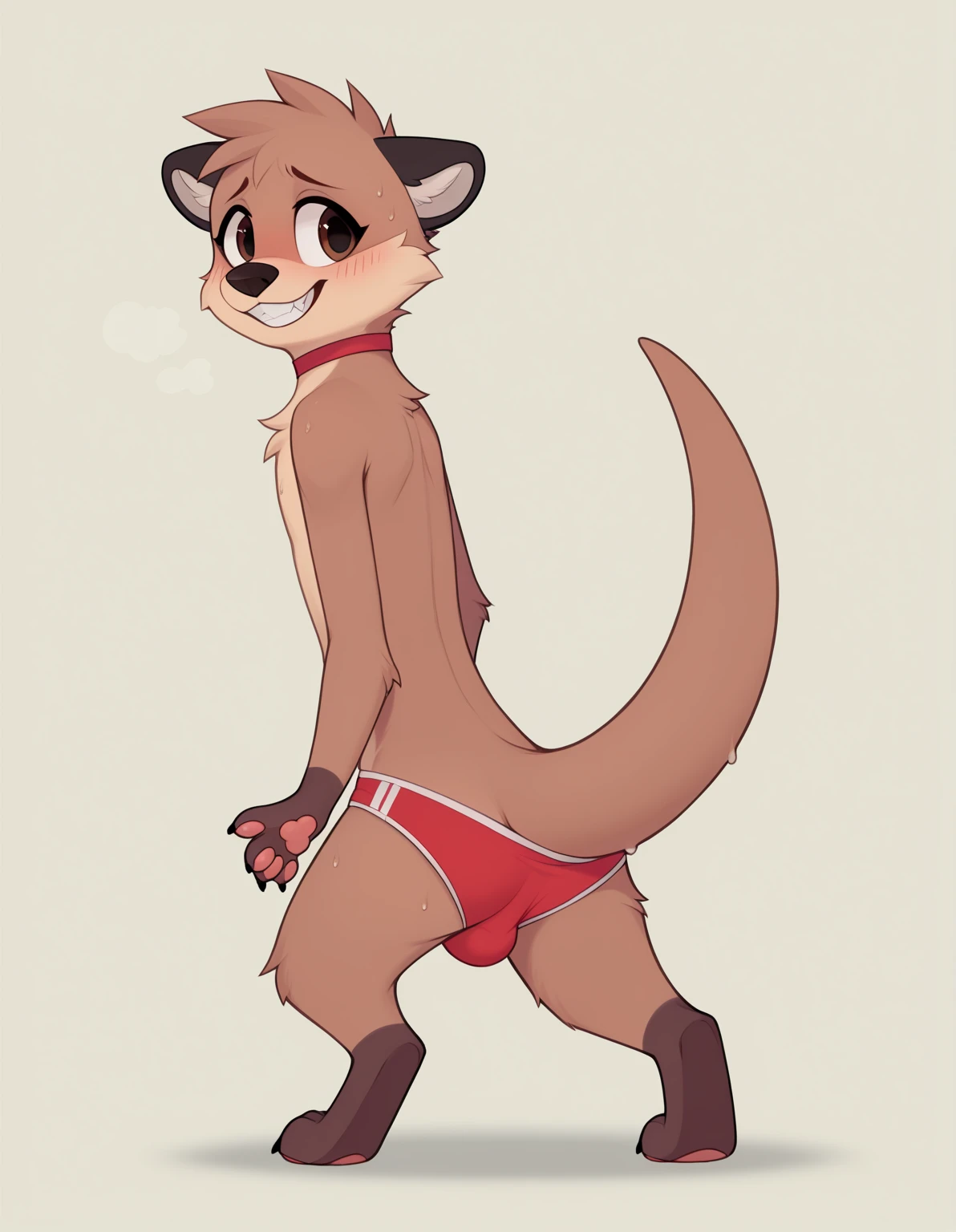 ((SFW)) ((18, cute, furry, Australian Shepherd dog boy femboy wearing a red sleeveless turtleneck leotard with a bulge, black beanie, and black and red striped thigh-high socks, best quality)) ((sitting, legs spread))