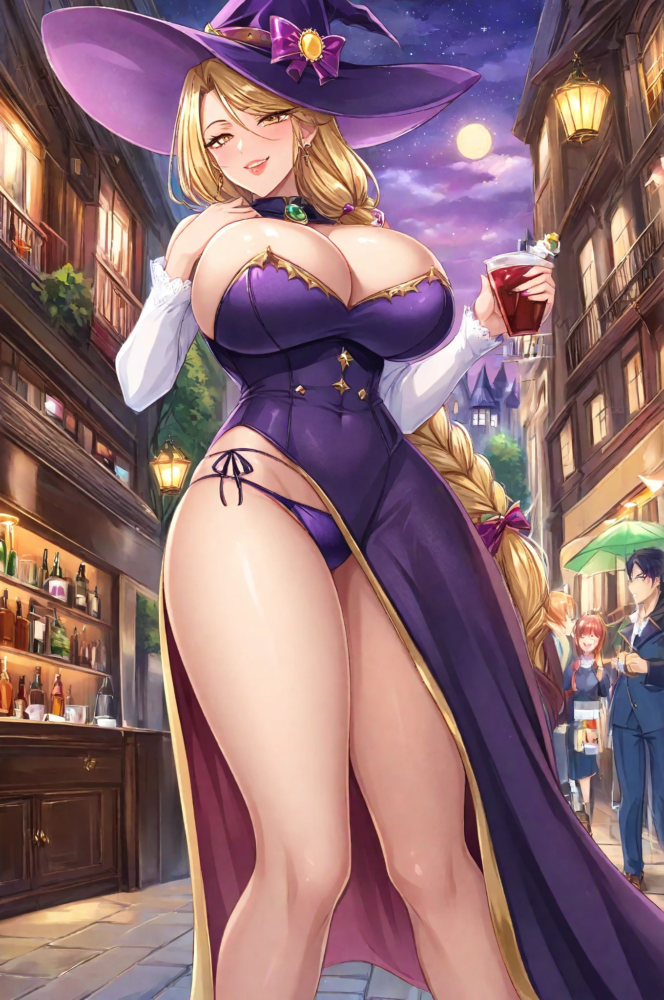 Create a 25-year-old anime girl with a blue gala dress, blonde hair and green eyes with large breasts and wide hips in a party room landscape., agregale mas detales a su vestido