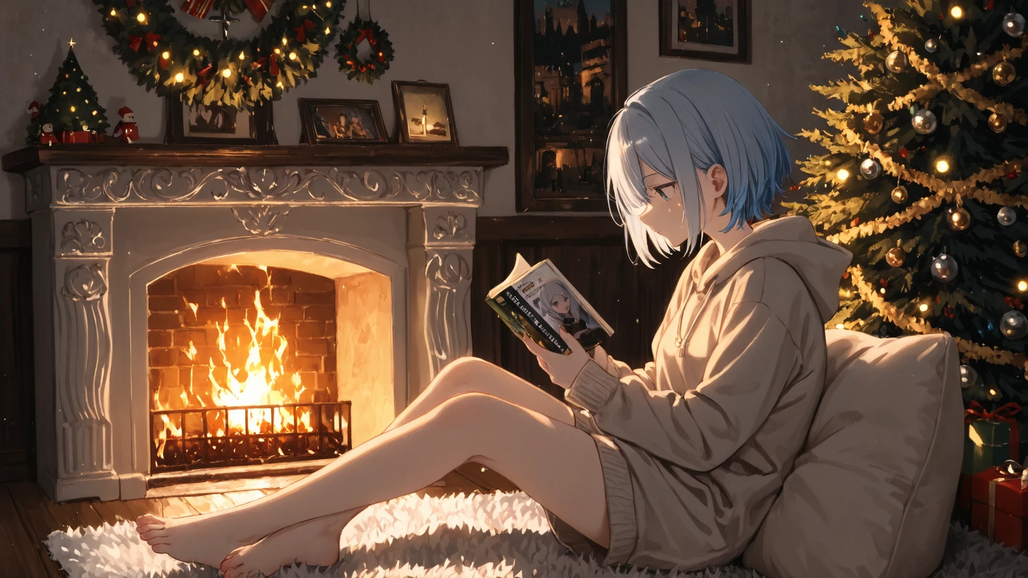 Anime-style girl with short silver-blue hair, sitting cross-legged on a fluffy carpet in front of a fireplace, reading a book with a calm expression, Christmas tree glowing behind her, side view only, no movement, perfect for a quiet holiday loop scene --v 5 --style anime --ar 16:9