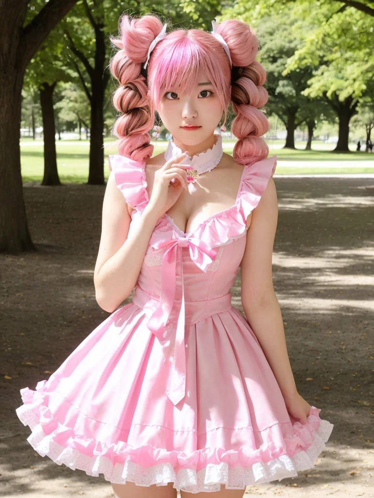 Girl with pink hair,ゴージャスなMagical girlの衣装, Pink dress with ribbons and frills, I have a magic wand in my hand, Pink heart on the end of a stick, Magical girl, 12-year-old girl, Gentle expression, Small breasts, Adult, Pink Cheeks