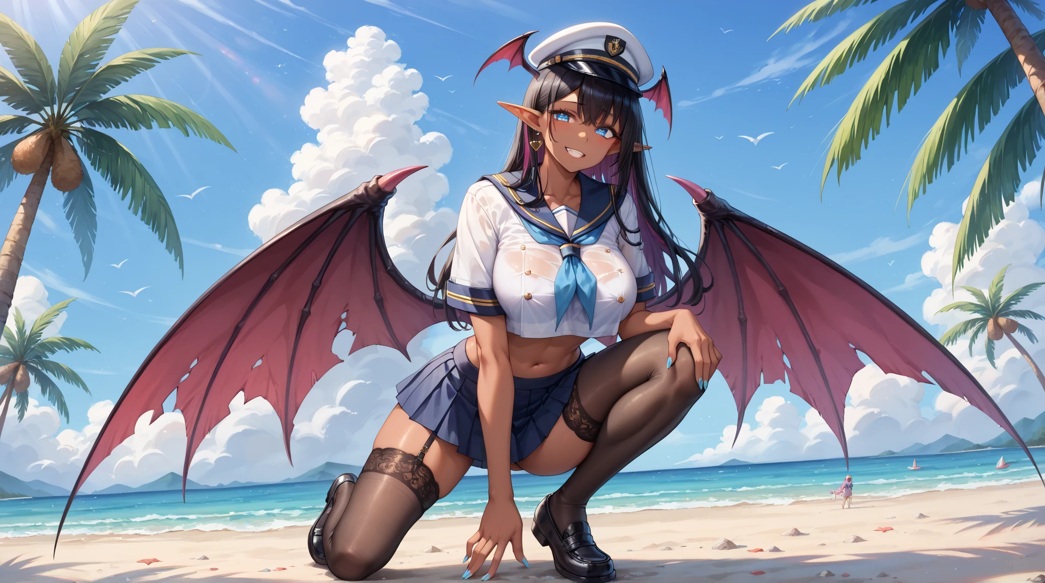 masterpiece、top-quality、1girl in、(I'm wearing a mob hat)、Medium hair with blue hair、Red Eyes(Heart shaped pupils) 、red blush、the bow、ascot、wingspan、Colossal tits、A slender、remilia scarlet、fullnude、Seeking courtship、It is dripping with the mouth open and the tongue sticking out、Face during estrus、crotch open、full body seen、Lying on your back