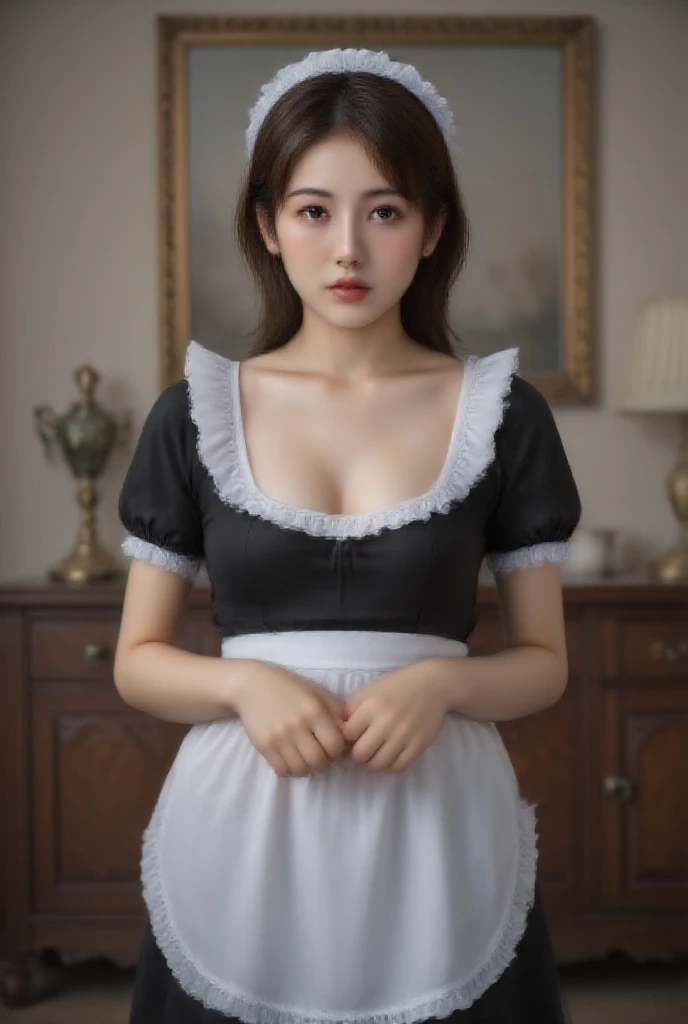  (white and black theme:1.4), (fusion of (sleevelesswhite high neck and collared [crop top]) and (black puff sleeves):1.4),(white tops and black short sleeves:1.2), (wearing a white half apron over a black skirt:1.4), (waist cincher:1.3), (whitehalfapron), ((white maid head-band with ruffles on head, white brim on head):1.3), (white thigh high stockings:1.4), ((white arm warmers, white long glove):1.3), (black heeled pumps:1.2), (light-blue theme:1.2), (light-blue lines on skirt:1.3), (light-blue ribbon bow:1.3),((highest quality)), ((masterpiece)), (detailed),( Lanky:1.3)(( in the cafe)),美しい韓国人woman, 美しい若い韓国人woman, Young and adorable Korean face, ゴージャスな若い韓国人woman, Korean Girls, Girl cute beautiful face, 韓国のwomanアイドルの肖像, Young and pretty Asian face, Cute natural anime face,Asian pretty face, ((highest quality)),(((nipple))),(detailed), Perfect Face,((One girl)), (scrawny：weight1.0〜2.0)iris, Elevation, space,( big eyes:1.1 ),(Natural Light),Dramatic lighting, Chiaroscuro, Emotional depth,woman,((nude)),((show off nipple)),((small breasts)), ((flat chest)),naked,slender, a short bob,delicate,Small breasts,((Small breasts)),the body is slender,Beauty,Beauty,4K quality,Young face,Big eyes,Brown eyes,Perfect Face, 21years old,breasts are very small,Model Body Type,Cute Face,Pink nipples,Symmetrical eyes,Glowing eyes,Natural smile,((Always show your boobs)), ((flat chest)), ((Gaunt)),beautiful,((a short bob)), ((half body)), topless,modelshoot style,((intricate choker necklace)), (embarrassed,blush:1.3),,(steam:0.8),(wet:0.8),(sweat:0.8),(trembling:1.3),(parted lips:1.4),(harf open eyes:1.6),(feeling weak:1.5), (lips),(intricate earrings),((nipple)),((woman posing for a photo))