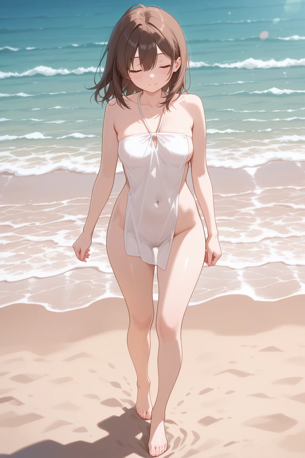 naked,Full nudity,Highest quality、High resolution、Detailed Background、Beautiful face in every detail、Teenage Beauty、Cute hair colour、Brown Hair、Black Hair、Bobcut、Twin tails、Big smile、 Summer sun、Shining Sea