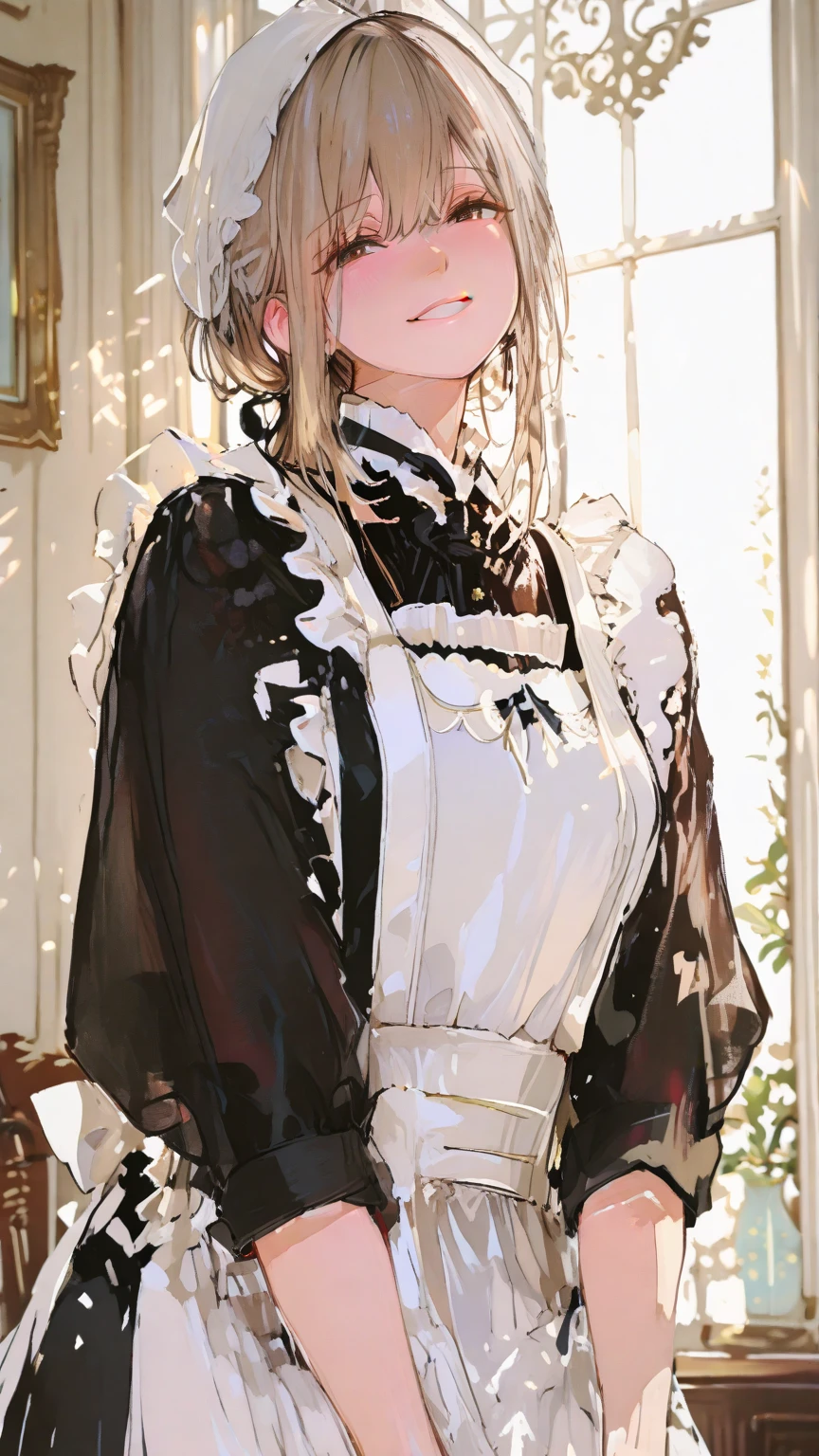 high resolution、ponytail、Perm、Blonde、whole body、
White dress。No sleeve、Elegant lace clothing。White ribbon on head、All-white image