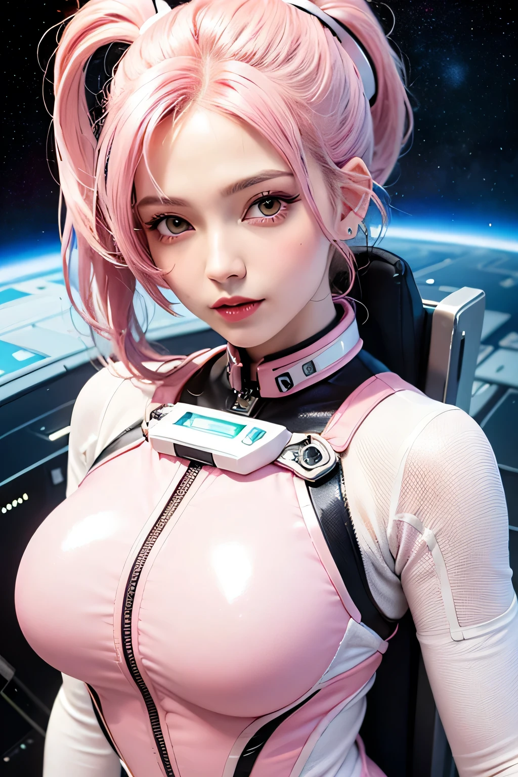 "(Highest image quality), (incredibly detailed), (photo-realistic:1.1) 1girl, depicting a female space marine cadet, skin tight see through space suit, breasts, white and pink space suit, glowing pink neon, erotic, seductive, sleek futuristic helmet, beautiful face, space, universe, strange planet."