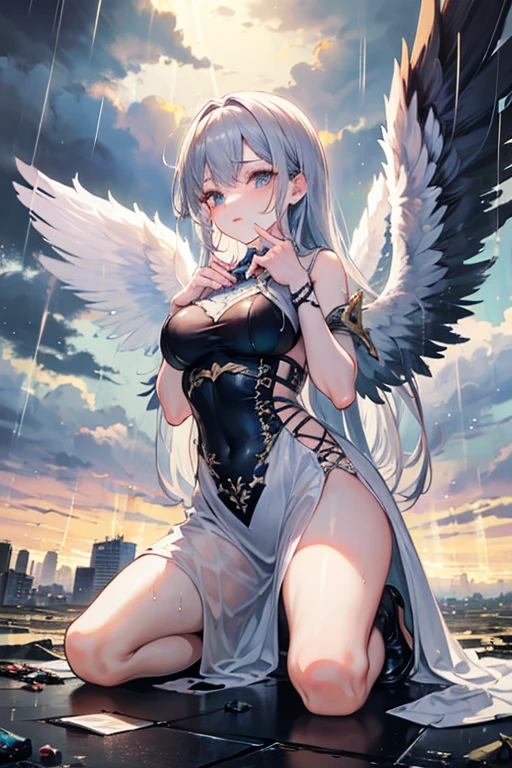 masterpiece, Highest quality, High resolution，Anime Style、Follow the prompts、Silver Hair、Long Hair、Angel、Halo、Three pairs of pure white wings growing from its back、Hold your hand、Hovering above the city、Overlooking the city、Almost Naked、I can see your back、The angle is from behind