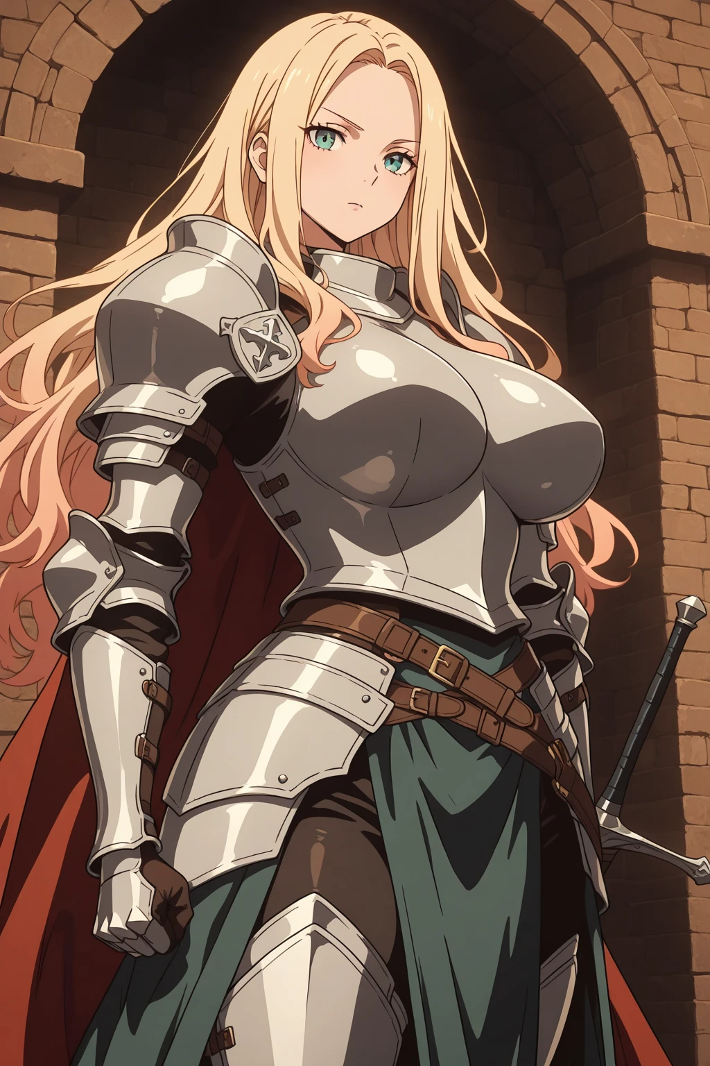 best quality, masterpiece,highly detailed,anime,1girl, face, mature face, mature female, mature woman, mature beauty, blonde, mature blonde,upper body,(jeanne d'arc),medium breasts,perfect face,blond hair,long hair,(white clotheare shoulder),armored dress,no armor on breasts,breasts covered by white clothes from above,chain,headwear,flag,battlefield in background,depth of field,looking at viewer,cinematic lighting, brown skin
