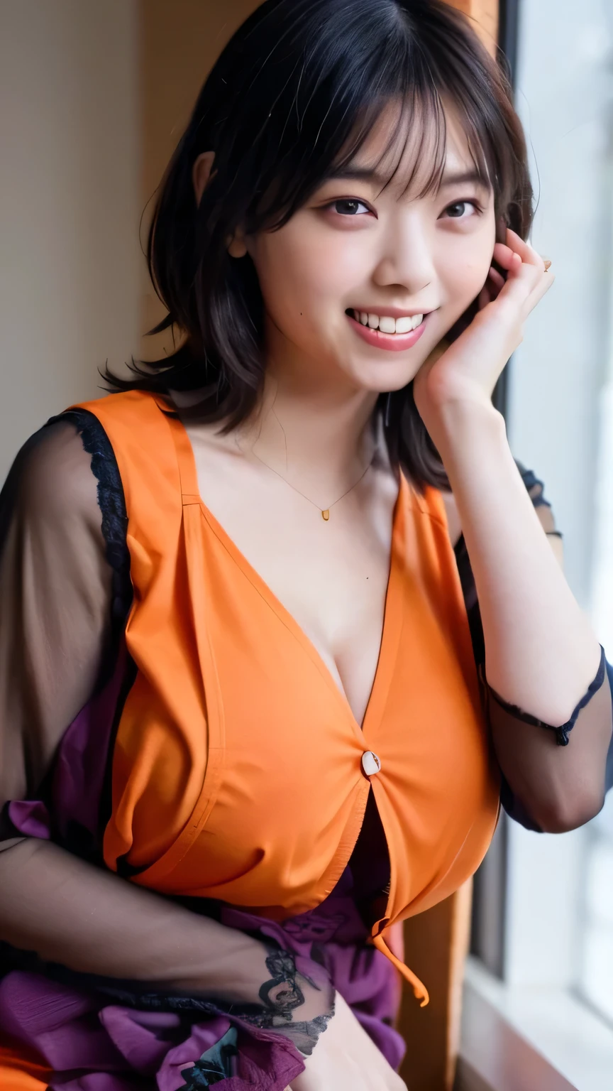 (((upper body shot))),(((sagging breasts))),Ultra-high resolution,big eyes,(brown eyes),Japanese,(forehead),(a girl),(1 girl),((18-year-old)),cute,pretty,((facing at viewer)),grin,(比基尼)