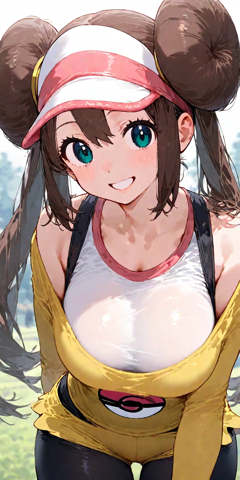 masterpiece, best quality, high resolution, ro1, bun, blue eyes, twintails, beanie with visor, tights, raglan sleeves, yellow shorts, shirt, pink bow, wristwatch, standing, from behind, ((feet up))), barefoot, (((focus on feet))), big booty, mountain background, bare belly, shiny skin, blush, sexy body, defined body, perfect eyes, big breast, tight-fitting clothes