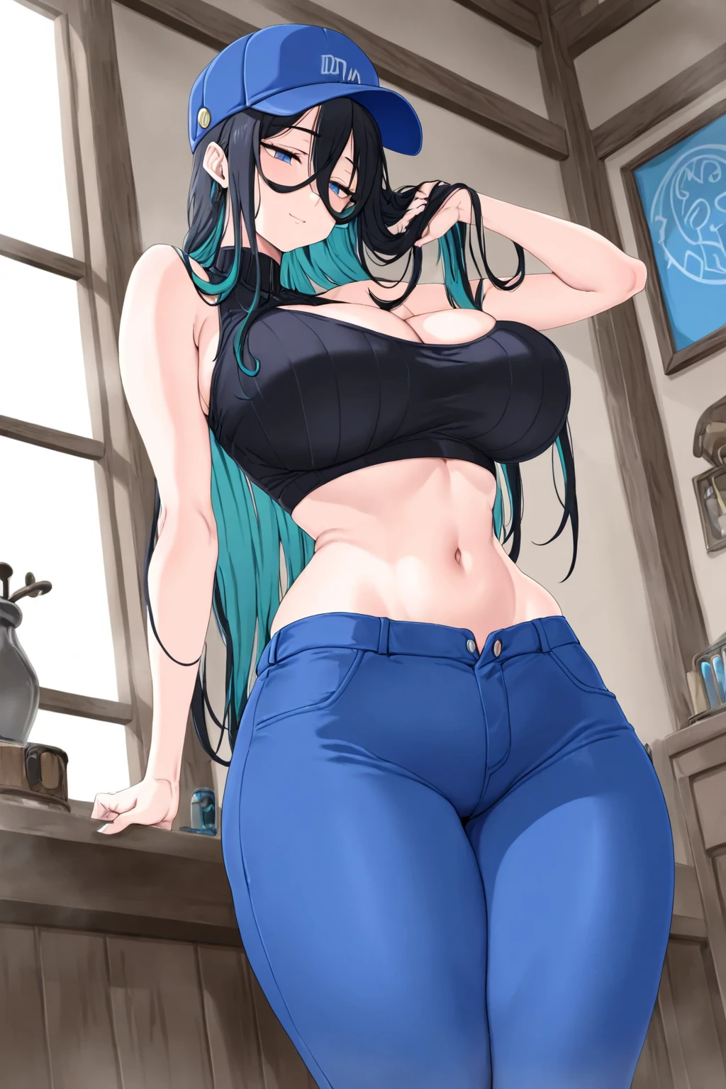 ((best quality)), ((masterpiece)), (detailed), perfect face, blue top, crop top, blue fitted dolphin shorts, huge breasts, huge ass , green hair, pony tail