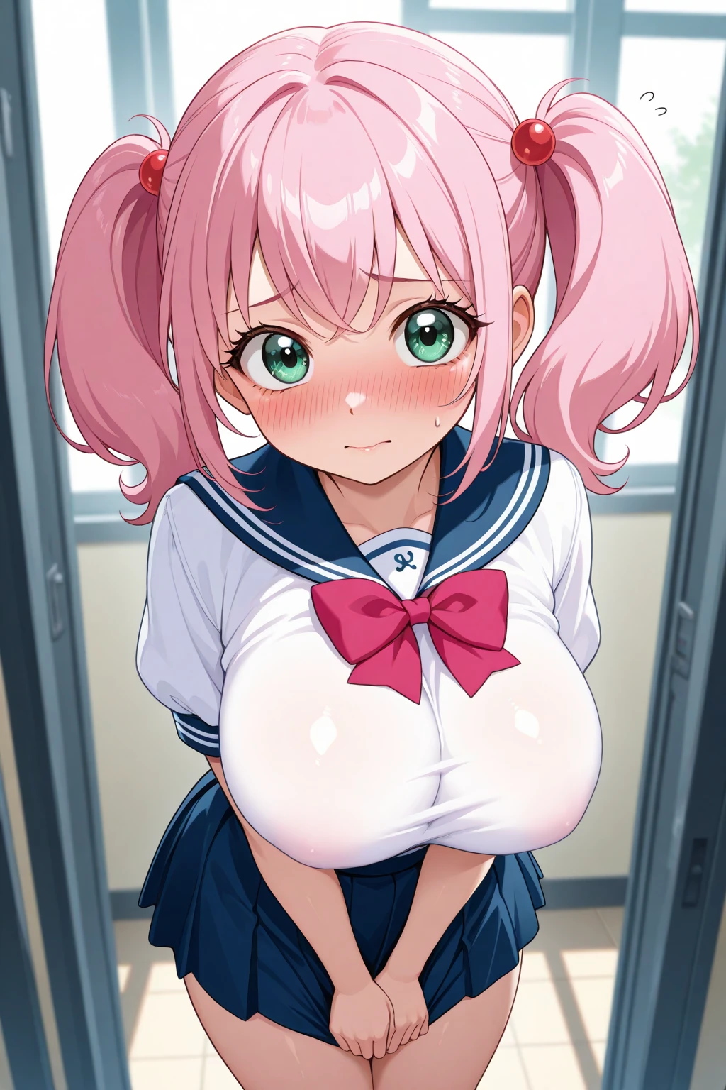 (masterpiece、Highest quality、Super detailed)、((One girl))、((Pink Hair))、((Twin tails))、((Light blue eyes))、evil smile、((Open Mouth))、((Sticking out tongue))、((lots of piercings))、((Very large breasts))、((serafuku))、Short sleeve、((Navy blue pleated skirt))、((facial))、((cum on tongue))、((cum on hair))、((cum on head))、kneeling、Fold your arms behind your head、ass pov、Shoot from above、Gym storeroom