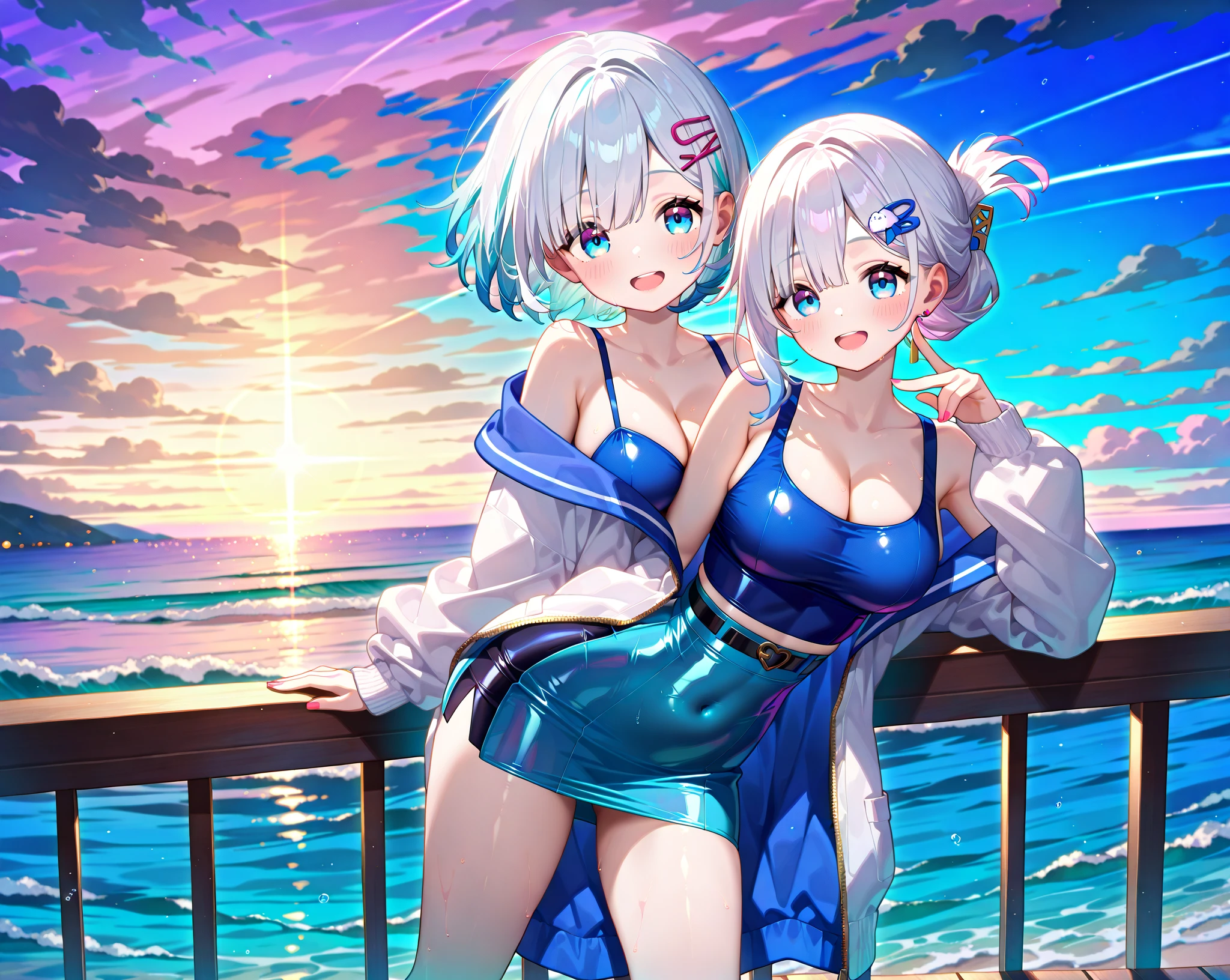 (highest quality)), ((masterpiece)), (Familiar), Perfect Face,Shiny skin,Beautiful breasts,how,Shiny skin、Sunburned skin、Sweat、Off the shoulder、Double teeth、Hotel、School swimsuit
、Short Hair、Braided Hair、Silver Hair、Young、Big Breasts、Breast Matching、Embrace、Night Pool、dark skin、Milking、2 girls、Breastfeeding