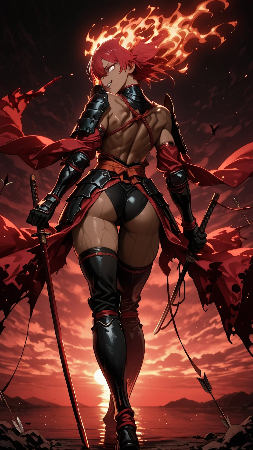 Red skin succubus tiefling, digitigrade legs, full breasts, huge breasts, black horns, wings, huge tail, black leather, crop top, long flowing pelvic curtain, tall, toned, graceful, thin, long black ponytail. Action scene, whip. Dark scene, explosions, night sky.