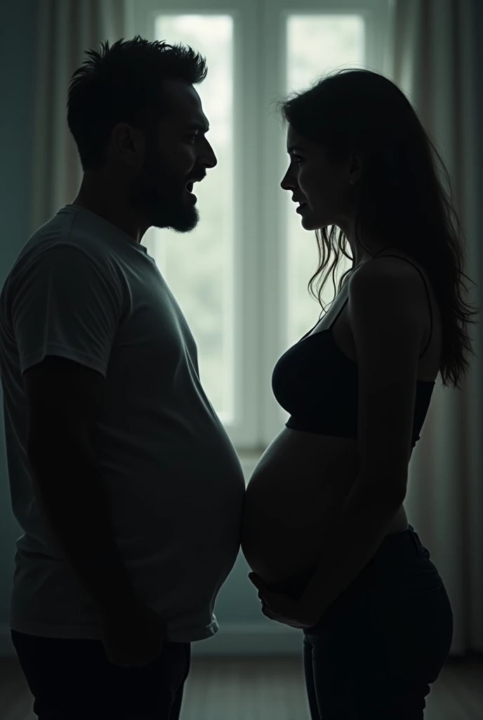 A young man with an enormous belly is standing in the living room. A women hugs him from behind. But the young man is so big that his belly fills up most of the photo. Both look very sad. The photo is taken from the side. So you can only see them from the side perspective.