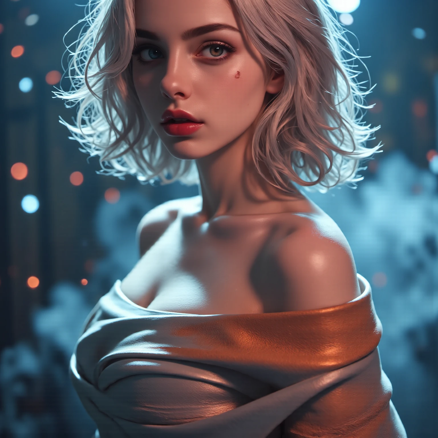 RAW photograph of anida, dark-skinned female, dark skin, white hair, large breasts, wearing Romantic Rosette dress high resolution, high quality, high detail, soft lighting, cinematic lighting, realistic, DSLR, bokeh, studio quality