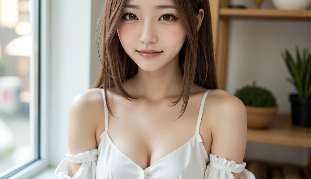 masterpiece、Highest quality、High resolution、wallpaper、Realistic、Bright lighting、Professional Lighting、Face Light、Smooth lighting、Japanese Girls、Beautiful woman、gravure、so beautiful、Beautiful Skin、Beautiful and detailed、Detailed face、slim、Moderate、short hair、Looking into the camera、mini skirt,No makeup,Innocent face、Beach、Beach House、You can see the ocean、Sitting in a chair,White panties,See-through blouse,(Realistic Skin),smile、Sexy pose、