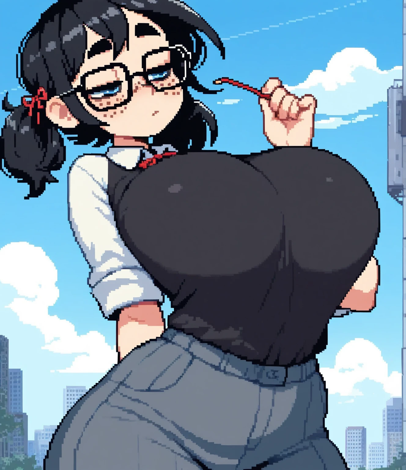 highest quality, High resolution,Anime Screen Capture, SF、three women、realistic, masterpiece, highest quality, perfect ???????, (fine eyes), (???、nurse, huge breasts、Chubby), Sweat, city, ((NSFW、White Pink Sci-Fi Suit、pink bikini、Mechanical white backpack、white gloves、White pink knee socks)),tight clothes、 green eyes、legs spread、squatting down、hand on chest、short hair、brown hair ,braid pigtails、 ((blush))、(wide hips),smile、 closed one eye、((((embarrassing))))、((Red Rim Glasses))、