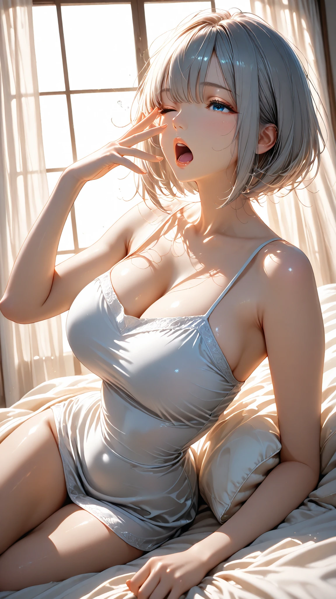 8k picture of beautiful woman, (short silver hair), (cat ears), intricate, elegant, highly detailed, majestic, perfect skin, (wet skin, shiny skin), (shy look), (((dripping from face))), digital photography, art by artgerm and ruan jia and greg rutkowski surreal painting, (pink outfit, see-through bdsm_outfit), thong, (bondage collar), (bedroom), (on knees, begging, looking up), (flashing), (self breasts grab), ((big breasts)), (heels), (masterpiece, sidelighting, finely detailed beautiful eyes: 1.2), hdr, narrow waist, eyeliner, (camel toe), (Exposed breasts)