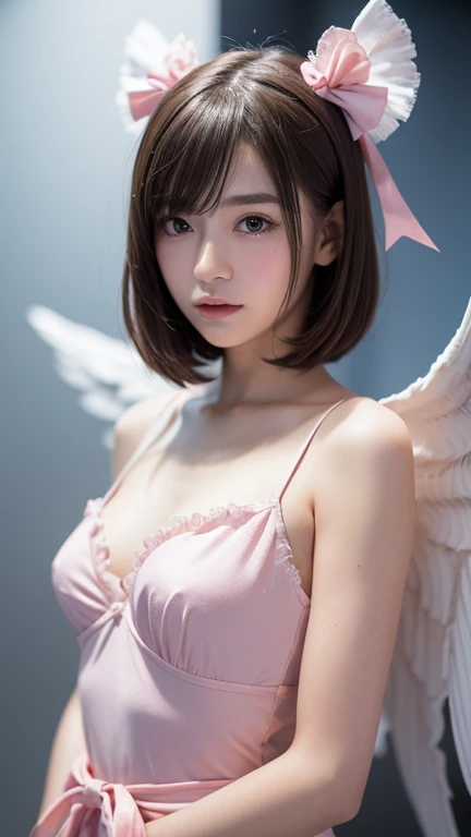 touhou project, Flandre Scarlet sitting on the bed wearing JK, Cross your hands at your waist, Light hair, Warm lighting, Blurred foreground, Lovely, Change, Japanese cartoons, 4K, With devil wings, Shower cap, masterpiece, Upper Body