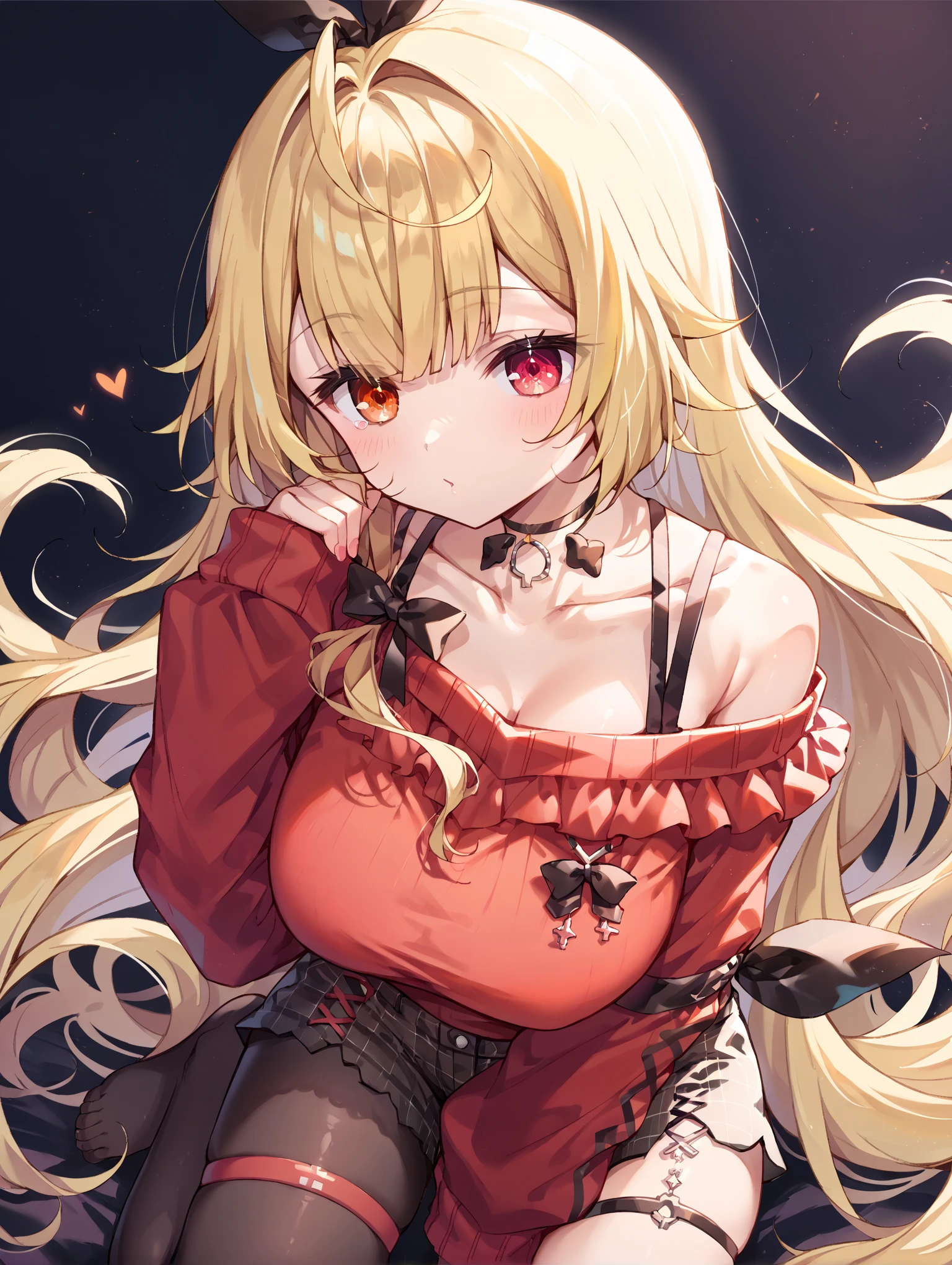 there is a woman dressed up in a cat outfit with a giant sword, 1girl, breasts, solo, animal ears, tail, skirt, cleavage, sweater, cat ears, collar, large breasts, cat tail, blonde hair, long hair, open mouth, looking at viewer, black skirt, off-shoulder sweater, smile, neck bell, pink sweater