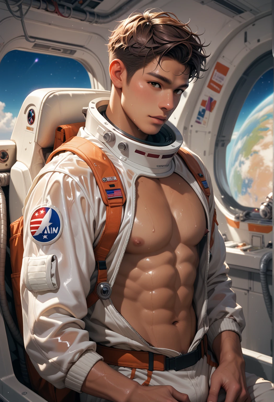 male pilot, (standing close to space battleship), mars landscape, elegant, wearing spacesuit, tight clothes, open clothes, unzipped, blush, masterpiece, best quality, detailed background, depth of field, intricate details, (muscular), (large pectorals), (puffy nipples)