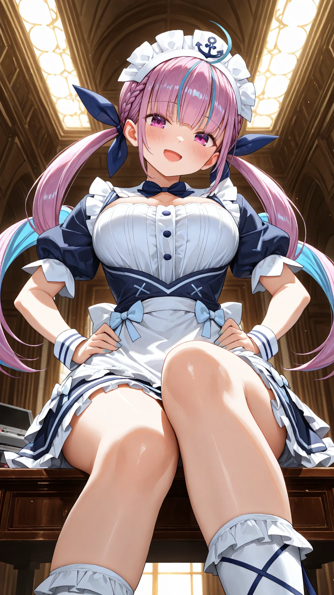 (Highest quality), (masterpiece), 1080P, High resolution, 4K, 8K, ((Maid clothes)), ((Bunny ears)), Black ruffles, Shooting from directly below, Sweat, pink panties, string, To achieve this, ((~ side)), show your ~ side, Spread your legs, Nipples, Large Breasts, whole body, Embarrassed face, , Blunt bangs, bracelet, Paw Paws, training, sneakers, Thick sole, Red eyes, garter belt