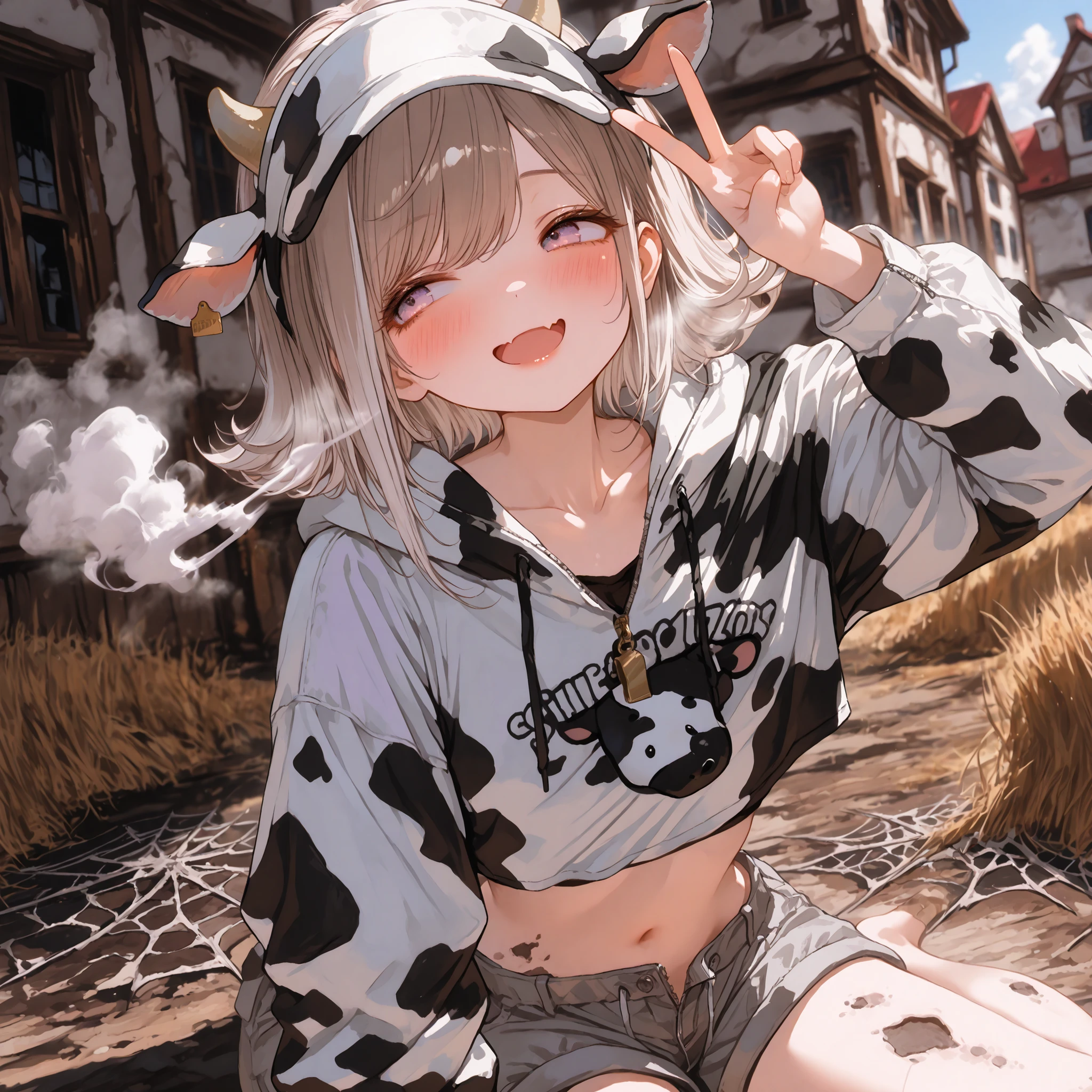 ((Masterpiece)), ((best quality, amazing quality)), ((very aesthetic, absurdres, newest, detailed background)), (8K), ((1girl)), (cute young girl), (Healthy body, Textured skin, small chest, tilt head), Big eyes, (pale purple eyes, gradient eyes, averting eyes, looking at side), (pale brown hair, flipped hair, Asymmetrical hair), (loose swept bangs), gradient hair, white color Hair Tip, (outside curl medium hair), skin fang, (naughty smile, :d), blush, (cute cheeks), glossy lips, pouty lips, (lower eyelashes), put on cute sun visor, Beautiful collarbones, BREAK, ((open zip hoodie, Cow-patterned hoodie, cropped hoodie, inner cropped shirt)), (slightly exposed Lower abdomen, gray shorts), (V over head, yokozuwari), loose sitting on the Ruined aristocratic house, indoor, Dusty floors, (blowing smoke), (Dusty), ((cobwebs))
