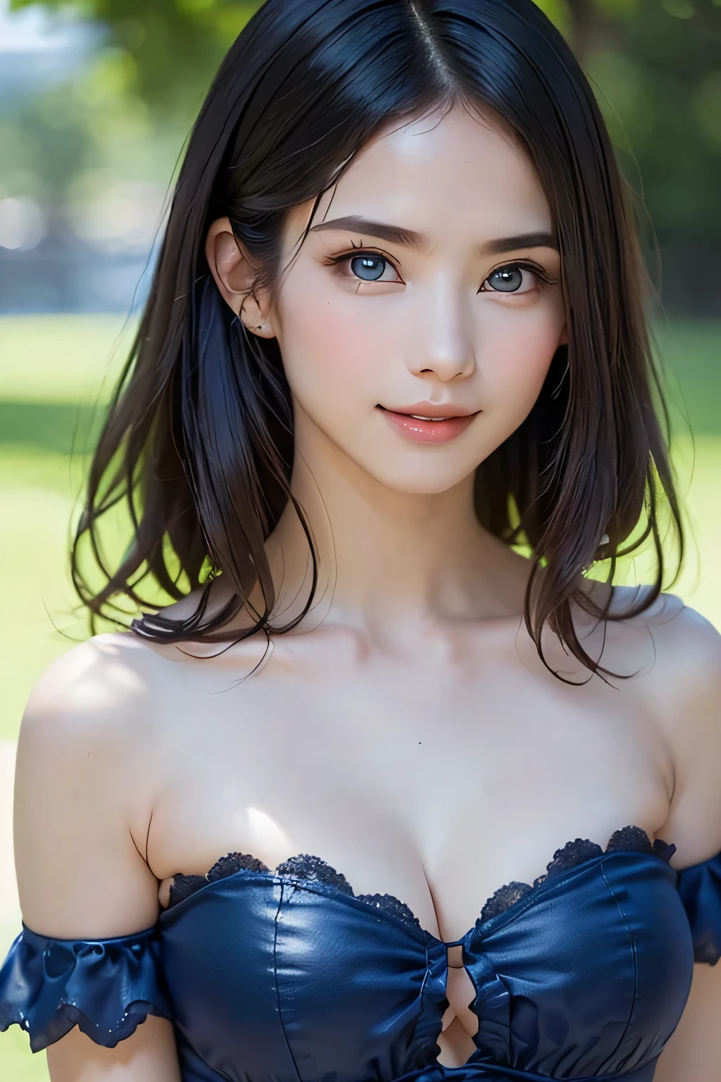 ((nsfw、top quality、best image quality、just one beautiful and cute woman、 A beautiful woman with a very cute golden ratio who boasts overwhelming beauty、The beauty of symmetry、realistically depicts everything in high resolution high definition、God of rich nature、Beautiful and cute face、 Eyes drawn in high resolution 、lashes drawn in high definition、Beautiful and cute symmetrical faces, A long, beautiful neck、bangs:1.6、Beautiful Décolleté、gloss、perfect anatomy、cute smile、Teen))、({gigantic|big|huge|mega} breasts, cleavage)、ideal ratio、Golden Ratio drawn in high resolution、Perfect Anatomy、 Transparency、sparkling、Off Shoulder、((beautiful teeth、expressive、Love projected on camera、I'm a little shy、, beautiful landscape with only rich nature and bright green in the background、moist blue background of water、beautiful blue sky))