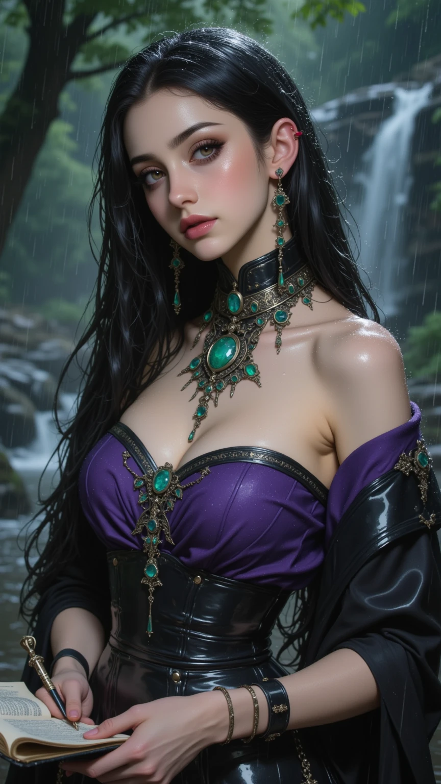 (ultra realistic,32k, masterpiece:1.2),(high detailed skin:1.1),( high quality:1.1),
<lora:gamma-nvwls-v1:0.8>gamma,Pointy ears, necklace, black dress, cleavage, long dress, detached sleeves, crystal lagoon, glistening crystals, calm waters, sanctuary of crystal guardians, blurry background,,fighting pose, huge breast,large breast,,<lora:add_detail:0.86>,
(refraction:1.1),