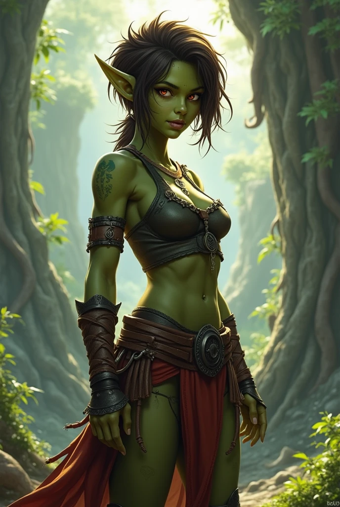 4K, extremely muscular goblin tomboy, wear a loincloth and a loose black halter, chest bounces, bold, confident, light green skin, pointed ears, green eyes, Short messy green punk hair, , a lot of tattoos, face tattoo, 1 girl, One, battery, we rush into battle, running, war, naked sword, action scene, cinematic shot, Dynamic, killing the enemy, raging