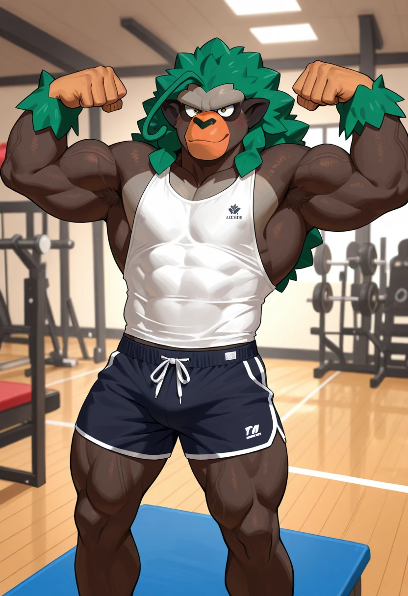 ((masterpiece, best quality)),solo, 1bear, solo, baloo, huge muscular, green gym shorts,, black eyes, furry, bear, no humans, gym, gym set, flexing
