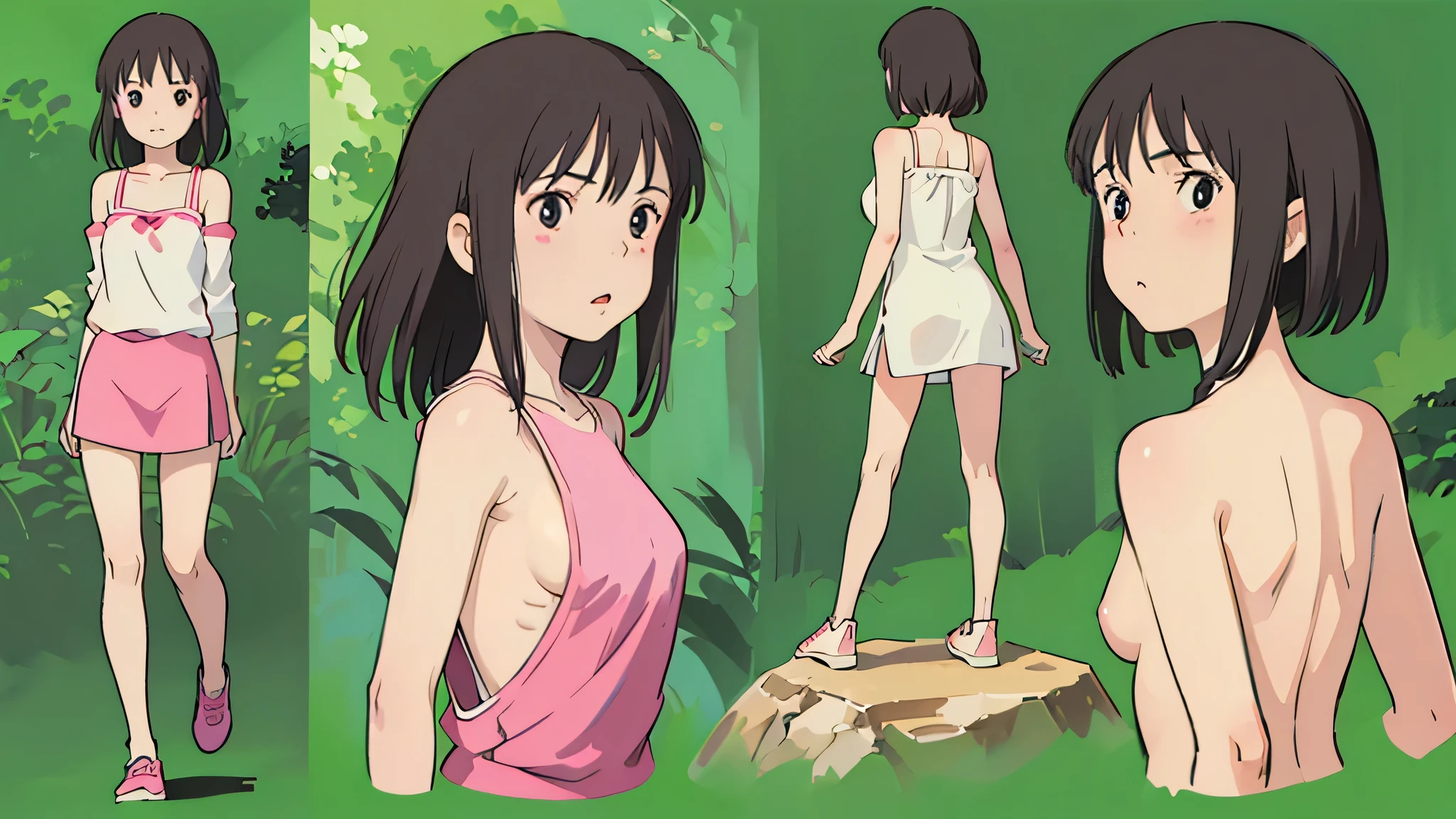 1girl, solo, :o .EPTakeuchiNaokoStyle, 1990s \(style\), anime screencap, retro artstyle, anime coloring, traditional media, jadechan, lolicon, short black hair, nude body, small breasts, pussy, full body view, shy, standing, outdoor,