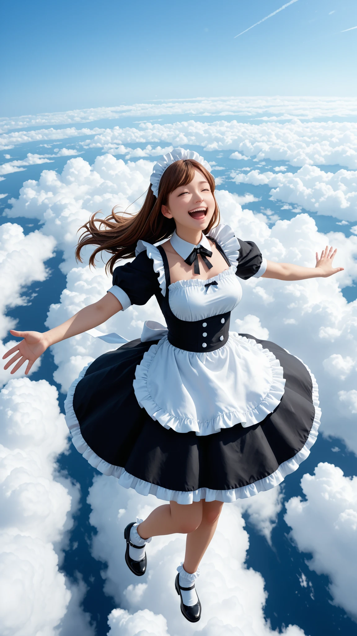 maid outfit, floating on sky, laughing,
