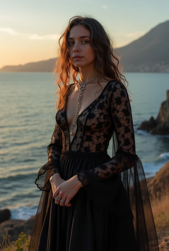 3D ,stunning girl ,looking at the viewer ,beautiful perfect bright Blue eyes, very beautiful face,windy day, Golden bracelets and necklaces, long hair is waving in the wind ,(official art, beautiful and aesthetic:1.2), extreme detailed, highest detailed, pale skin, the creamy smooth skin, long monolith at the horizon, black dark post- modern full transparent tulle dress is waving at the wind, strong light, backlighting, withered vegetation, thread, strong shadow, close-up, fog, futuristic fashion, modern art, movement, Post-apocalyptic, Biofabric, Gothic wind,soft light on face,