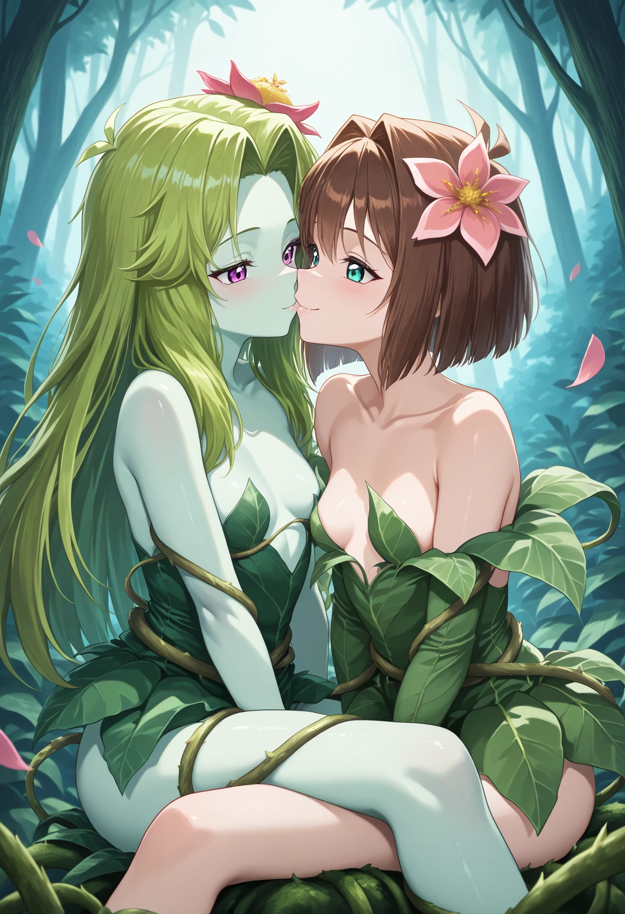 2 elven girls, long hair, hair style is twin tails, breasts,bare upper half of body ,(bare lower half of body ),  looking down from diagonally  , blush, smile, open mouth, bangs, close eyes, large breasts, nipples, hair ornament,navel, groin , thigh,hair between eyes, blue hair, collarbone, pink hair, flower,  d, multicolored hair, outdoors, day, pointy ears, hair flower, streaked hair, petals, (lying on the grass),  pink flower, partially submerged, (blizzard of falling cherry blossoms )