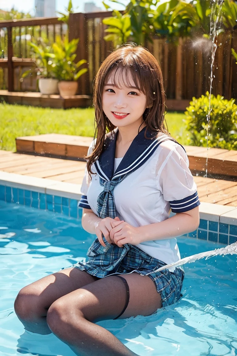 nsfw,Highest resolution,Highest quality,detailed,Marine blue sea、Cute smile、Cute pose、Summer uniformの水着のグラビア,(15 year old girl with big boobs:1.5)、(Summer uniform:1.5),((白いmicro-bikini)),(pull-out-panties:1.5) 、Clear marine blue water、(reflected in water:1.5). Thigh fetish images、Glossy thighs、((Creative Random Swimwear))