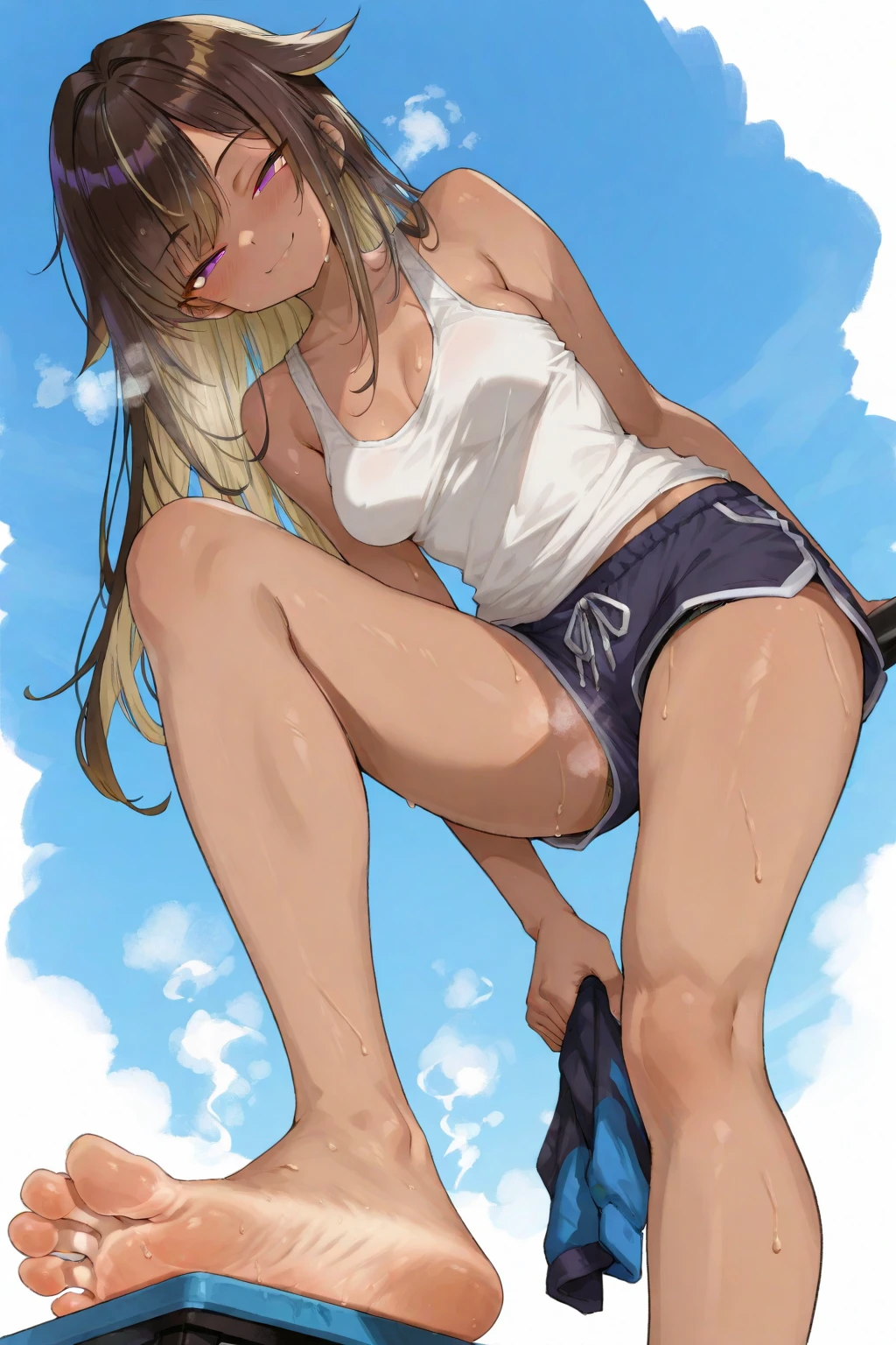 BREAK Perfect Anatomy、(High resolution:1.2)、Incredible illustrations、(Cute illustrations:1.2)、
()(hip focus,) （Beautiful background（breakwater,morning sun）) 
1girl((brown hair,asymmetric bangs,twin tails, tanned skin: 1.3,blue eyes,fang)1girl((a girl,slender 1.7meters, 45kg, (( short T-shirt, hot pants,thigh-high socks,
sandals),,cameltoe,))looking afar,open stance,


