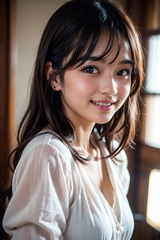 Best Quality, Masterpiece, Beautiful and Aesthetic, 16K, (HDR: 1.4), High Contrast, Bokeh: 1.2, Lens Flare, (Vivid Colors: 1.4),cinematic lighting,depth of field, film lighting, ambient light, side light, exquisite details and textures, cinematic lens, warm tones, (bright and intense: 1.2), hyper-realistic, from above, head out of frame, super close-up shot focus on her , 1 woman, Japanese,22 yo, A smile with a little visible teeth, ((leaning forward)), Wearing a soft blouson jacket on , cargo shorts, Beautiful detailed white skin, Skin Texture, brown very short hair, (), cheerful pose, day, daylight, outdoor, ,