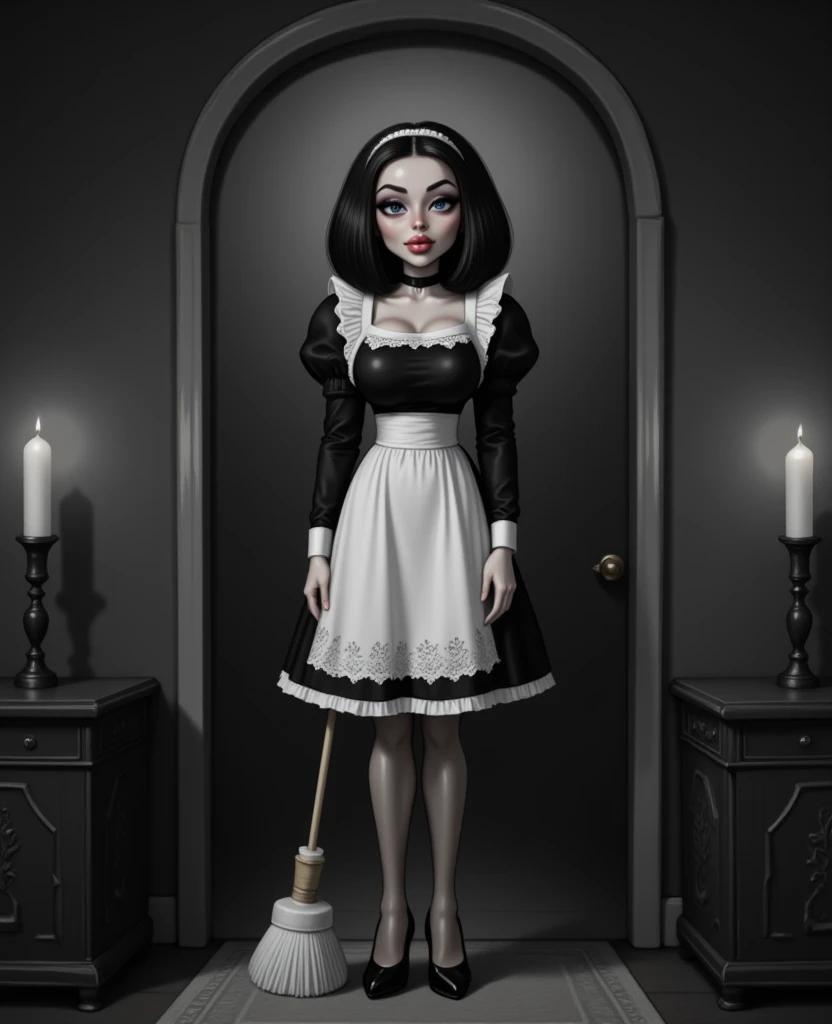 Sexy Curvy Asian Women, Dark Background, Studio Lighting, Gothic Dress, church, Cleavage, Chain Accessories, Sitting in a chair, Black shoes, carrying an iron cross