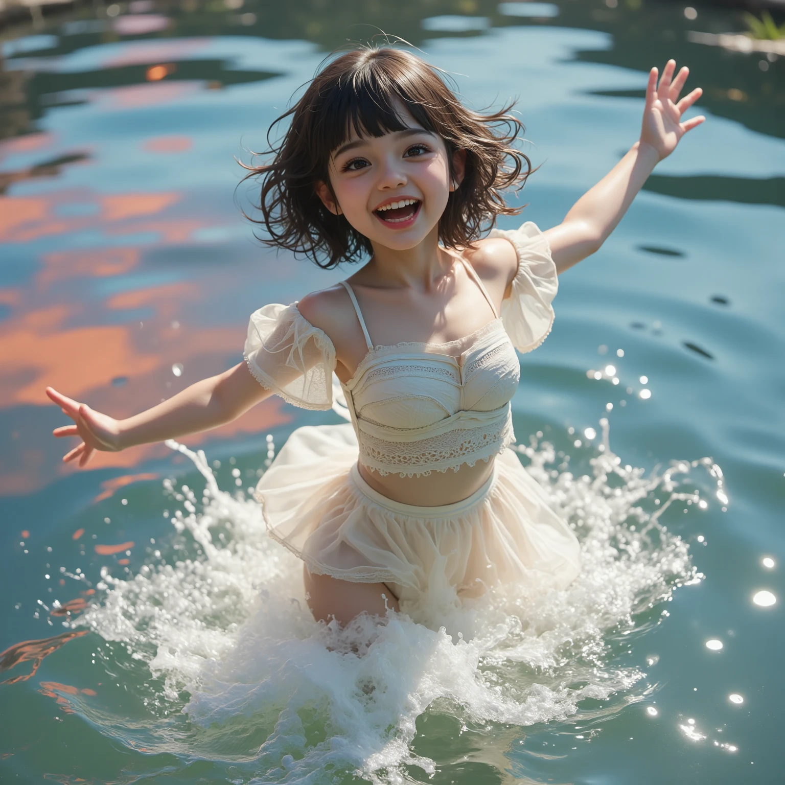 (8K TopQuality masterpiece: 1.2)(Realistic ProfessionalPhoto:1.37), VolumetricLighting. Tiny Girls, girl jumping into the water、Falling、splash water、shout、Luminous water surface、White and Bright colors, back lighting, Radiant PearlSkin, sparkling highlights, Detailed KAWAII face with cute lips, long eyelashes, Delicate clothes, {HiddenHand|Motion Blurred hand|Corrected BabyLike Hand}