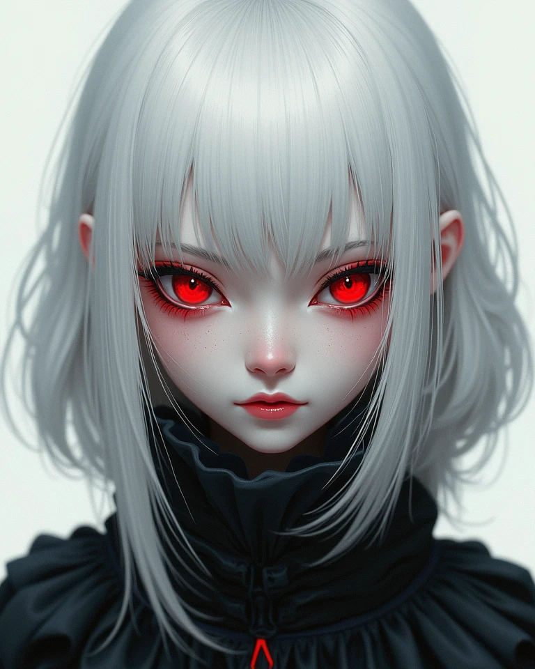 White haired girl Red eyes.
Her face marked with two scars, one on her eyes and the other on her lip. Dressed in a cold, rough look.