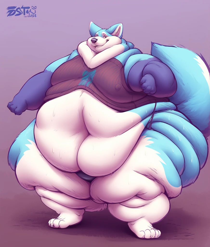 Wolf, female, long hair, morbidly onese,fat arms, fat legs, belly rolls,blue fur,light blue stripes,fluffy tail 