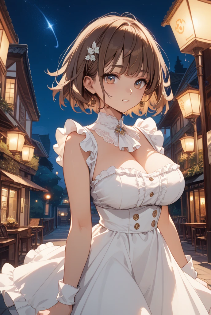 Anime illustration、highest quality、A short and voluptuous young lady、Night Park、Illuminated cherry blossoms、Cherry-blossom viewing、Off-the-shoulder dress、Perfect proportions、overwhelmingly big breasts、Beautiful, shining eyes、Cowboy Shot、Blushed、smile