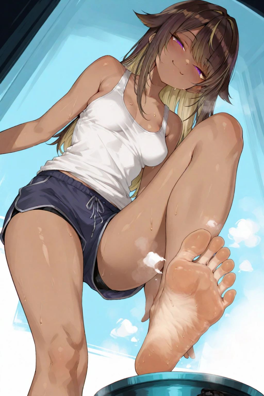 ass pov,nsfw,beautiful girl,Anime Face,Small woman,Blonde,long hair,straight hair,hair between eyes,small breasts,gleaming skin,(brown vagina),steam,(low quality,worst quality:1.4),extra limbs,missing limb,extra digit,fewer digit,missing digit,missing finger,fused fingers,mutated hands and fingers,1girl,sweat,from below,soles of both feet,show the soles of your feet,face forward,stretch your legs,sit with legs stretched out,front,Large soles,on back.Open legs wide,close-up focus,shorts,side-tie bikini bottom,embarrassed,Sandy Beach,sit on a chair,barefoot,clenched teeth,smug face,female masturbation

