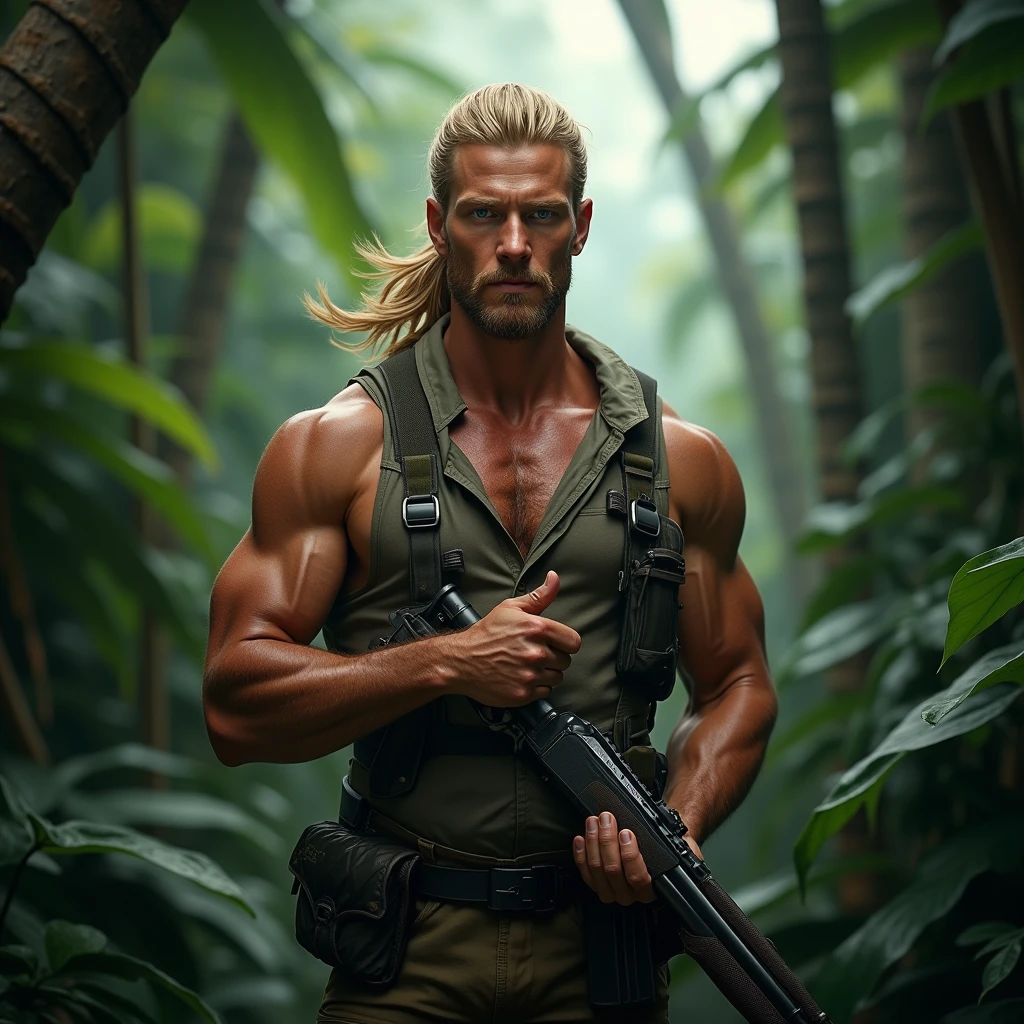 Tom Cuise under one (heavy rain.:1.5) on a summer night. ((wet hair)). blond hair. fit body. big muscle. Dressed in very tight shorts and topless. ((standing at night in a thick jungle of giant trees)).